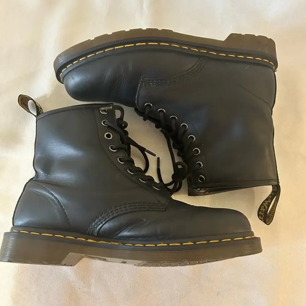 Dr. Martens Black Leather 8-Eye Lace-Up Boots with Yellow Stitching. Mens size 9